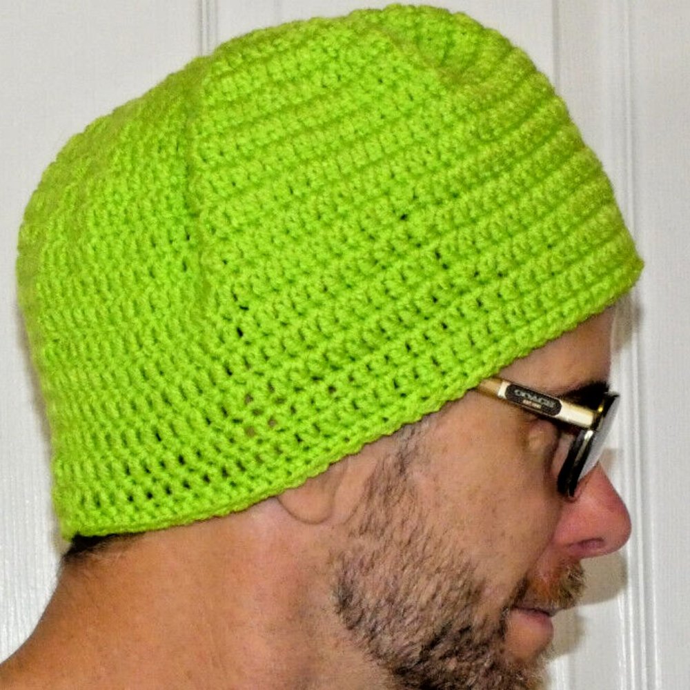 Neon Green Beanie Loose Skull Cap Men Women Hat Handmade Crochet Knit Size M/L